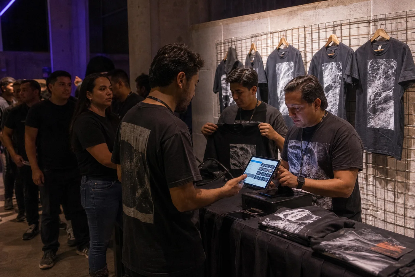 Venue lleno con el módulo de merch iluminado cobrando a la fila