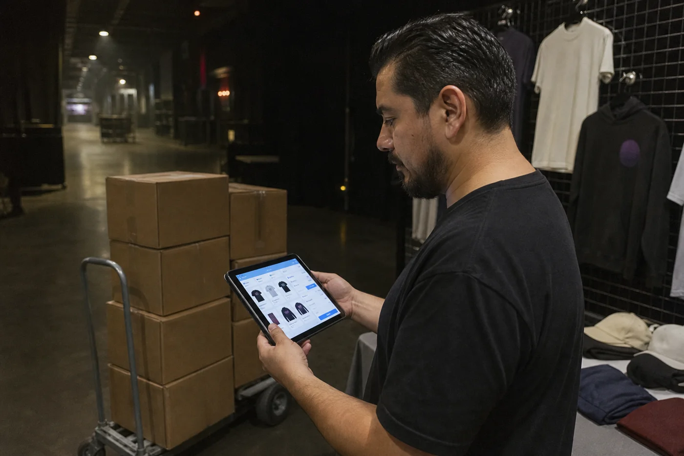 Jefe de merch cerrando la noche con su tablet sobre cajas listas para el camión