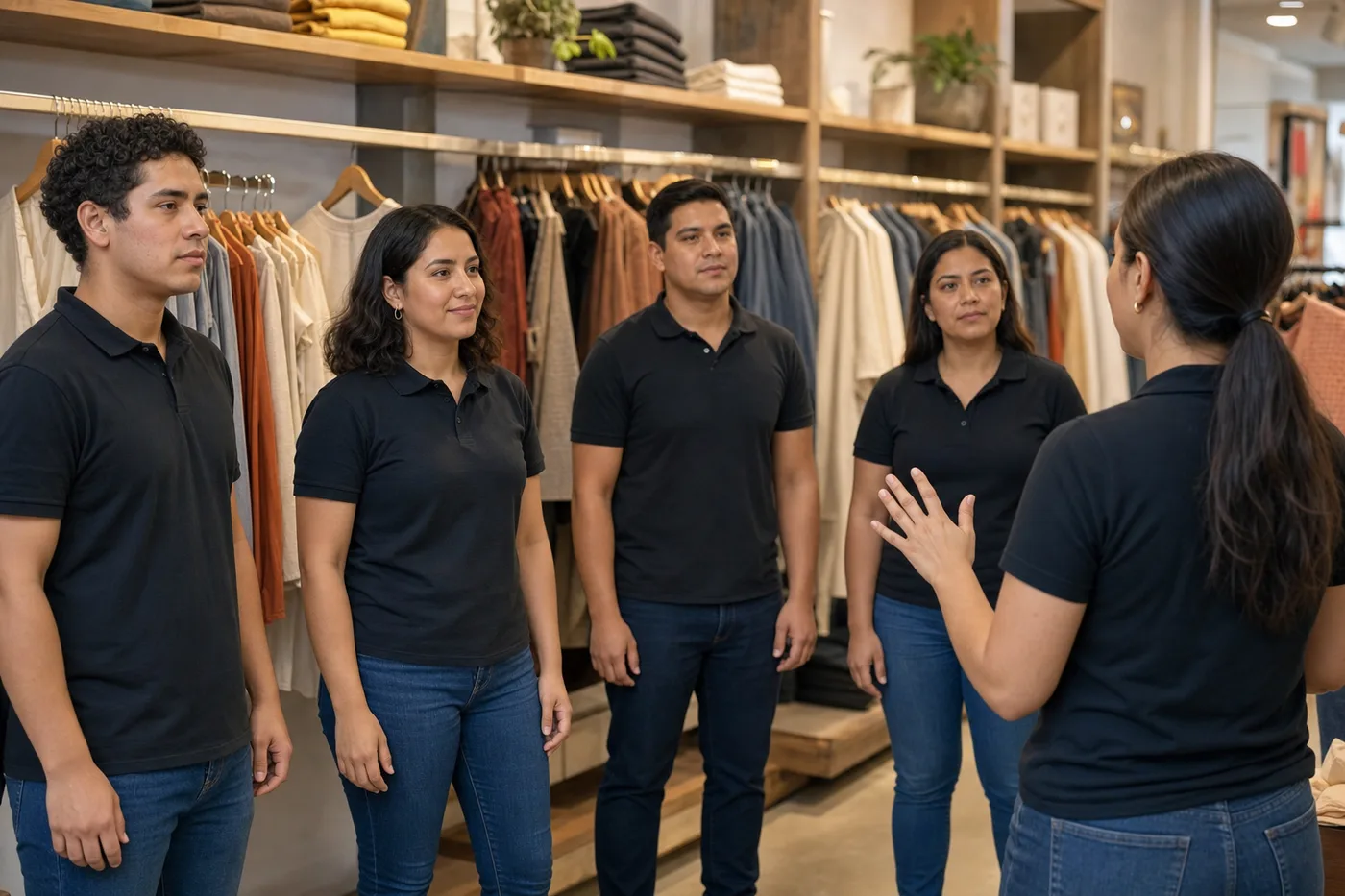 Equipo de una boutique en capacitación alrededor del mostrador antes de abrir
