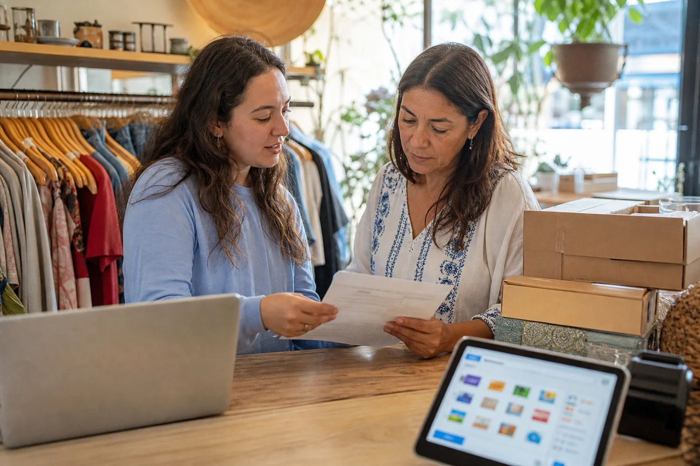 Consultor con laptop y la dueña de la boutique revisando notas de proveedor sobre el mostrador