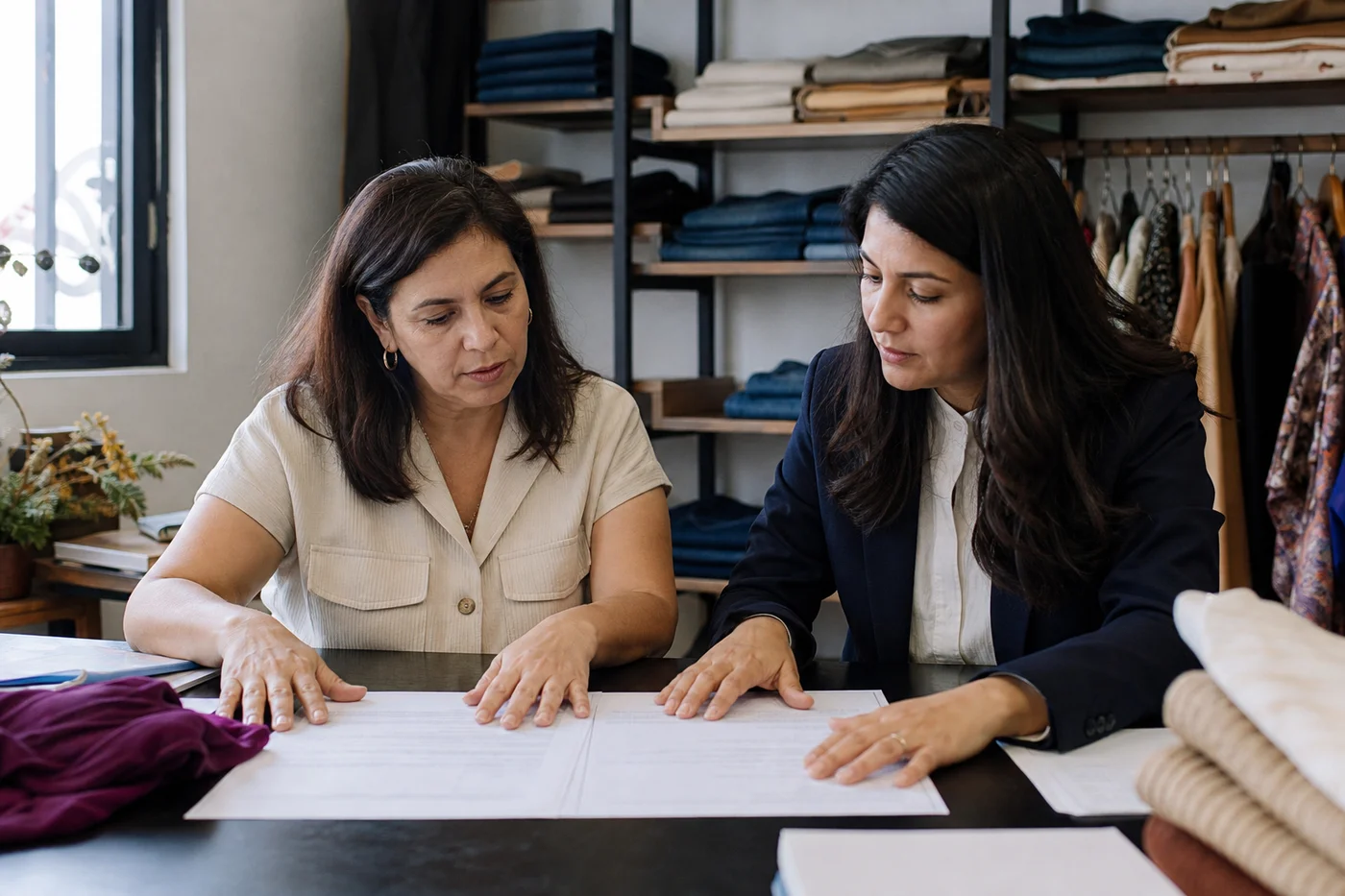 Dueña de boutique y consultor revisando condiciones de proveedores en la oficina de la tienda
