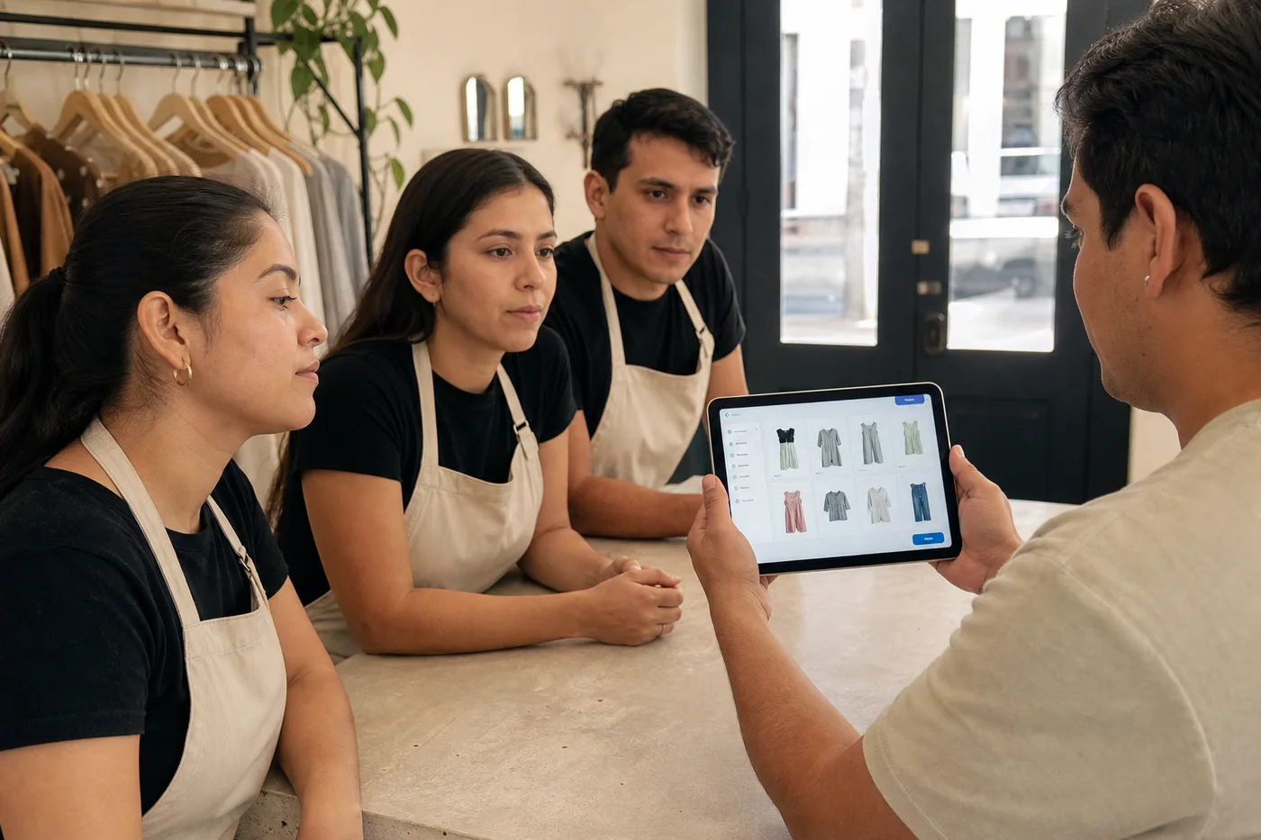 Equipo de la boutique en capacitación alrededor del mostrador antes de abrir