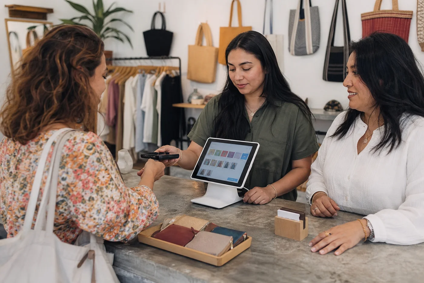 Cajera cobrando la primera venta del día en la boutique con un acompañante del equipo