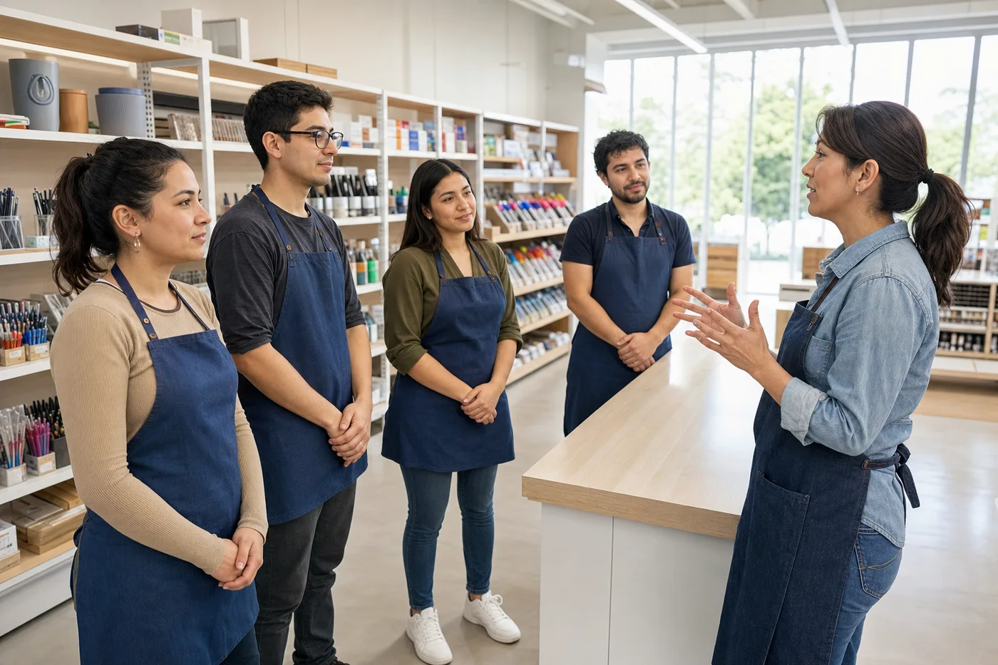 Equipo de una papelería en capacitación alrededor del mostrador antes de abrir