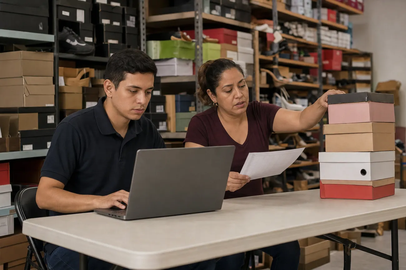 Consultor con laptop y empleada revisando una lista de inventario junto a los anaqueles de cajas
