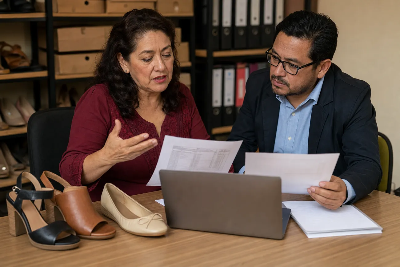 Dueña de zapatería y consultor revisando documentos de proveedores en la oficina de la tienda