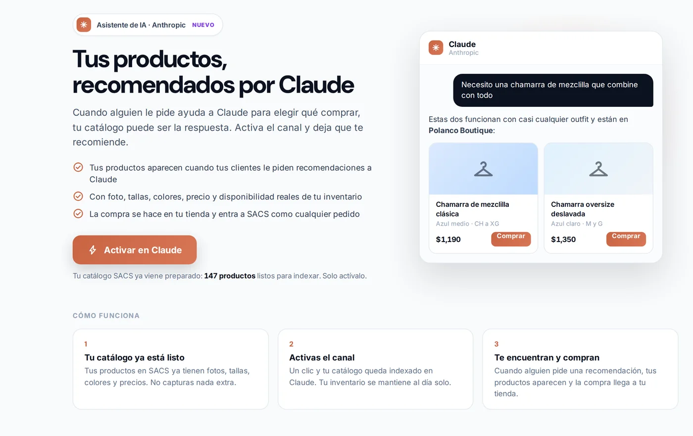 Canal de IA de Claude en Sacs: «Tus productos, recomendados por Claude» y «Activar en Claude»