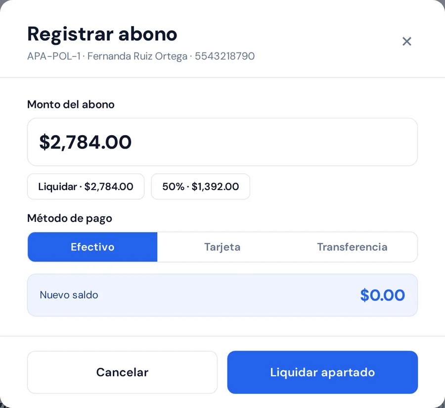 Registrar abono: el monto con atajos para liquidar o abonar la mitad, el método de pago y el nuevo saldo
