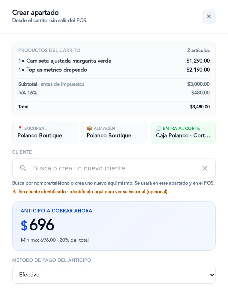 Crear apartado desde el carrito: la camiseta y el top, la sucursal, el anticipo de $696 (el mínimo, 20 % del total) y su método de pago