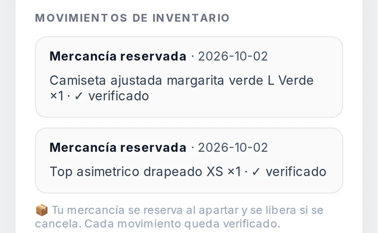 Movimientos de inventario del apartado: cada prenda con «Mercancía reservada» y verificado