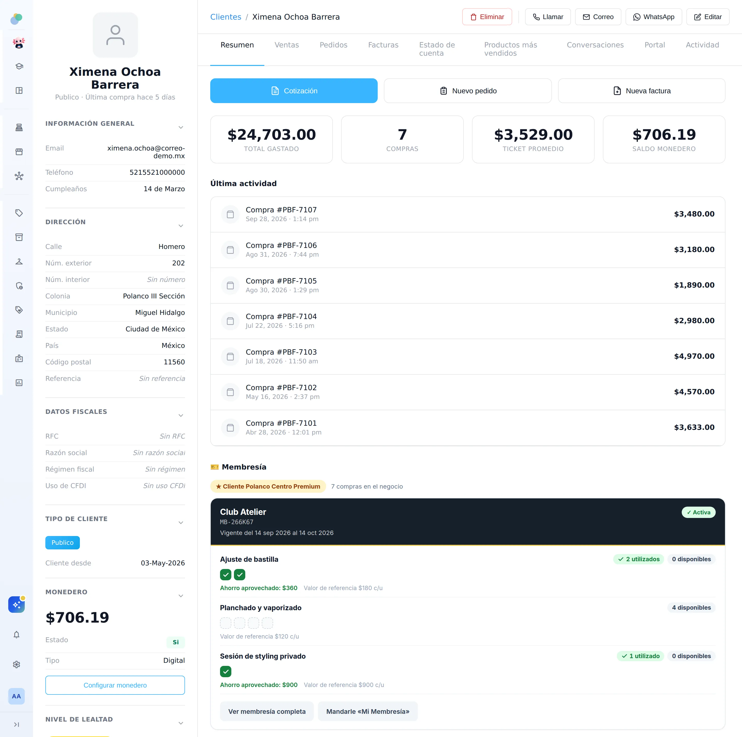 Ficha de una clienta en Sacs: total gastado, compras, ticket promedio, monedero, membresía y última actividad