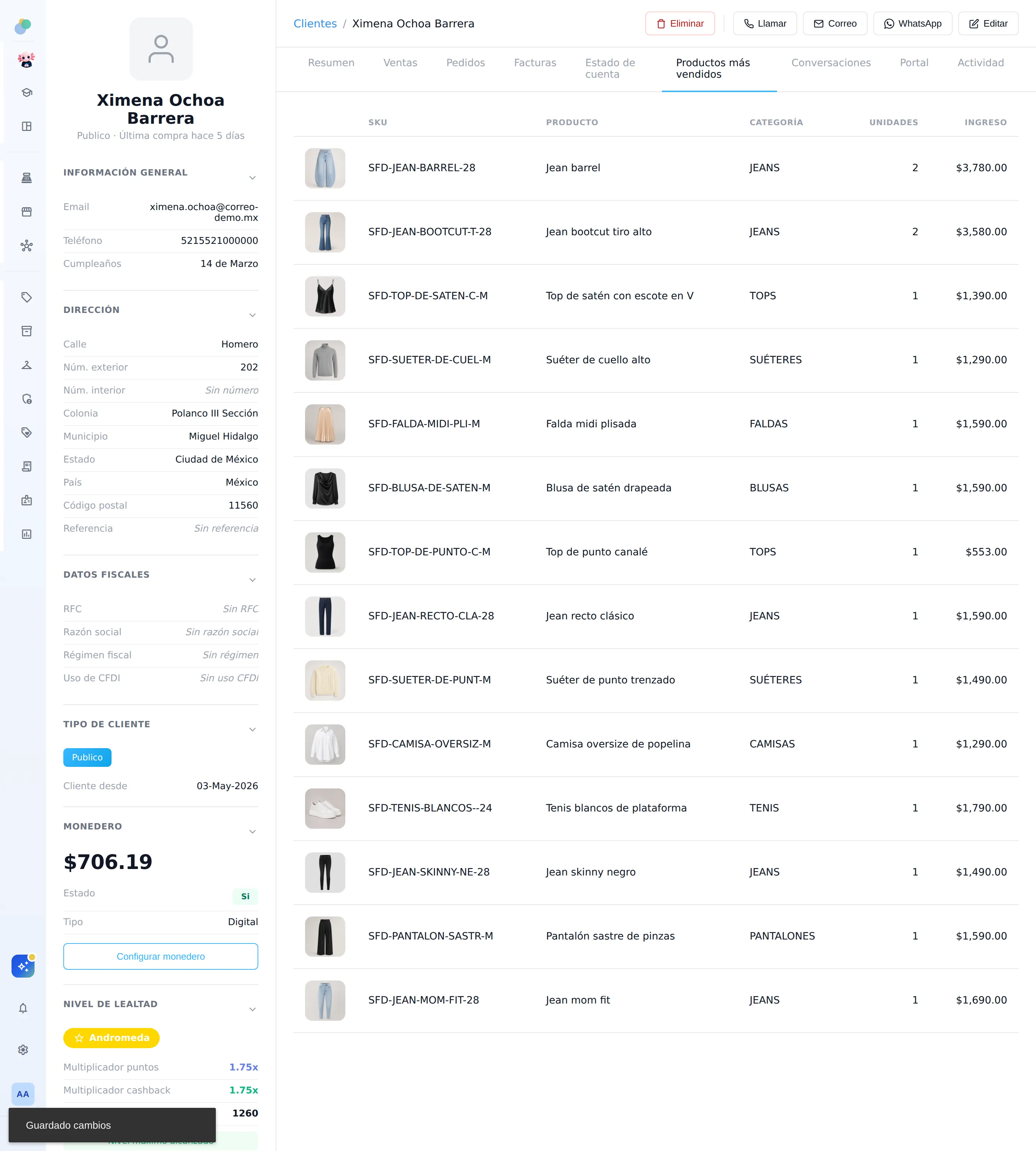 Prendas que más compra una clienta en Sacs, con foto, SKU, unidades e ingreso