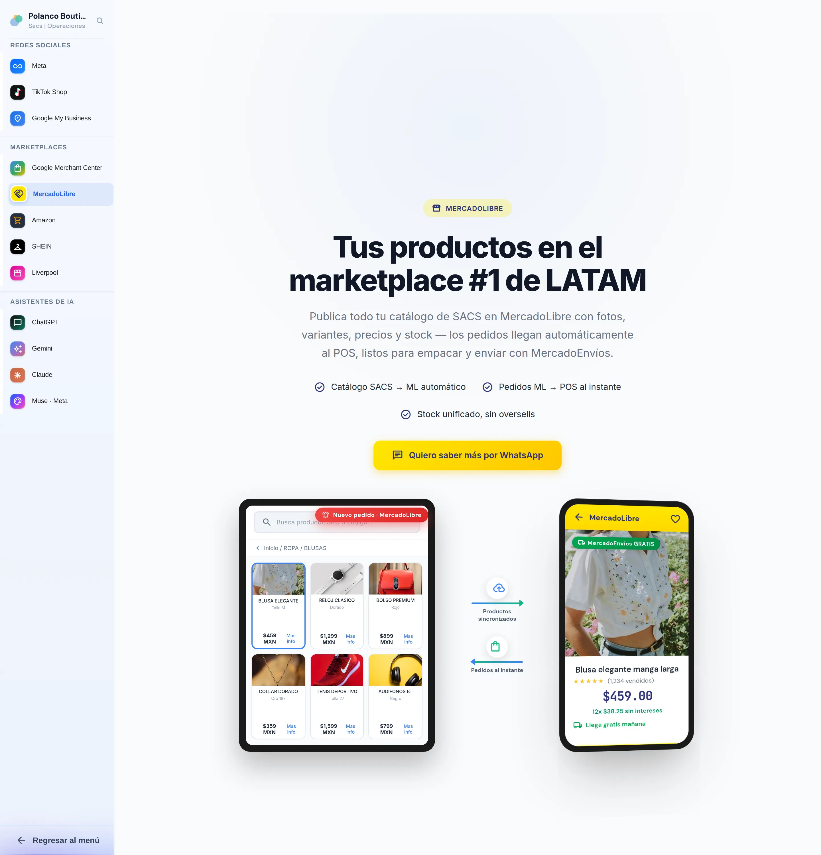 Canal de Mercado Libre en Sacs: catálogo, pedidos y stock
