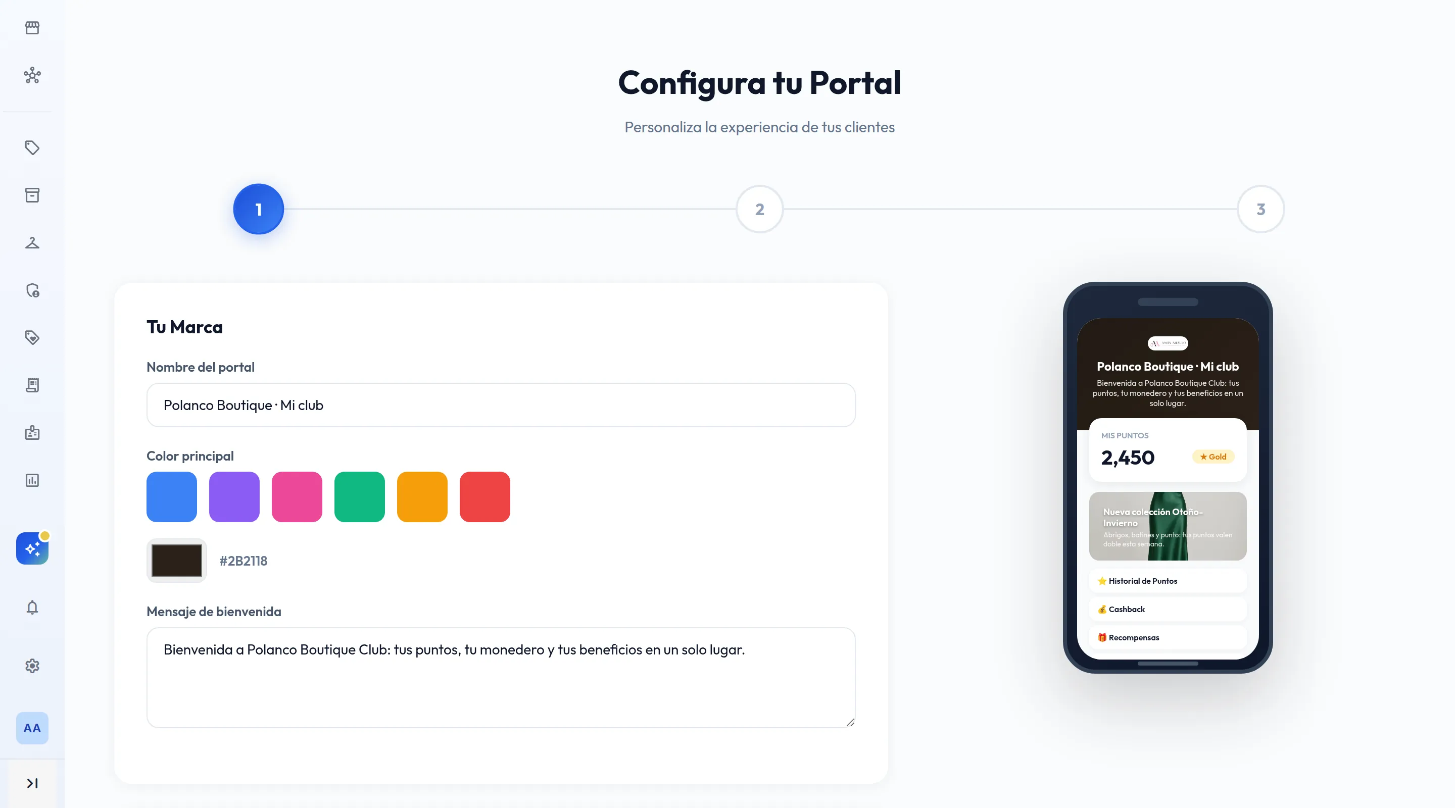 Editor del portal de clientes en Sacs: nombre, color y mensaje de bienvenida con vista previa