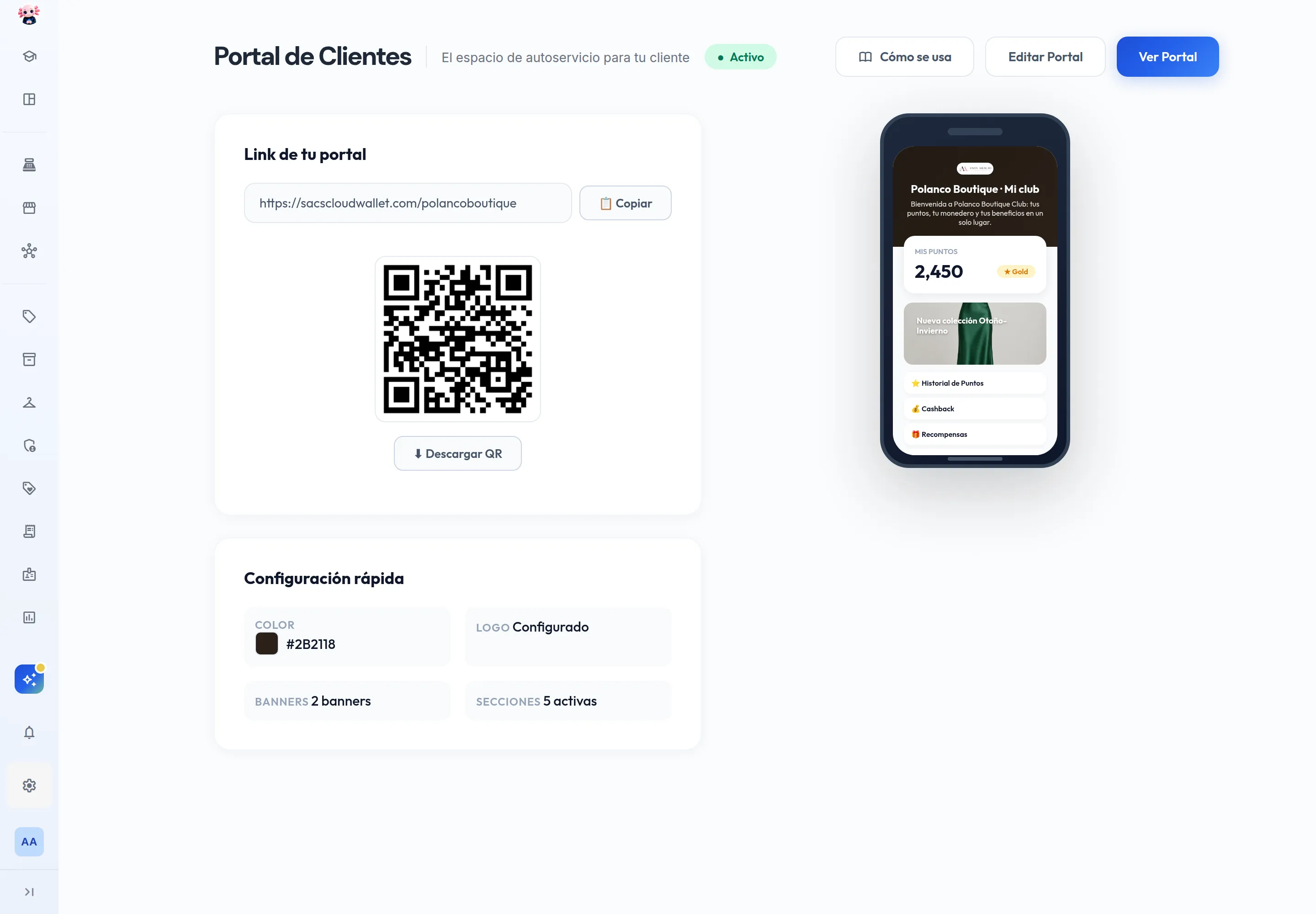 Portal de clientes en Sacs: link y QR del portal, configuración rápida y vista previa en celular