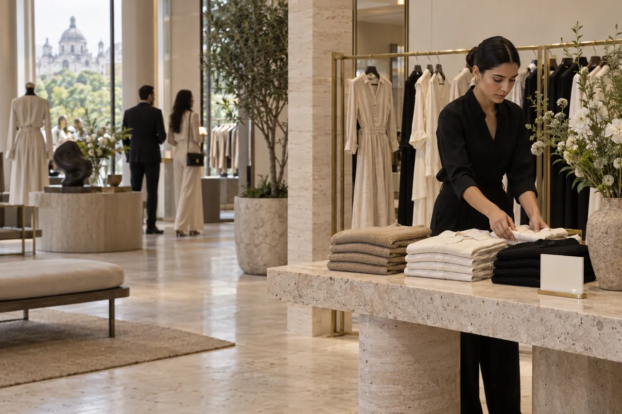 En la mañana, la vendedora acomoda suéteres en la mesa de la boutique