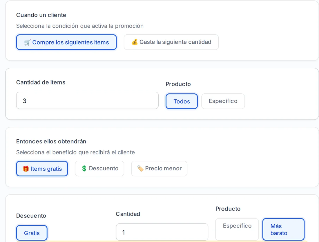 Nueva Promoción, tipo Avanzado: cuando un cliente compre 3 piezas, se lleva 1 gratis, la más barata (un 3x2)