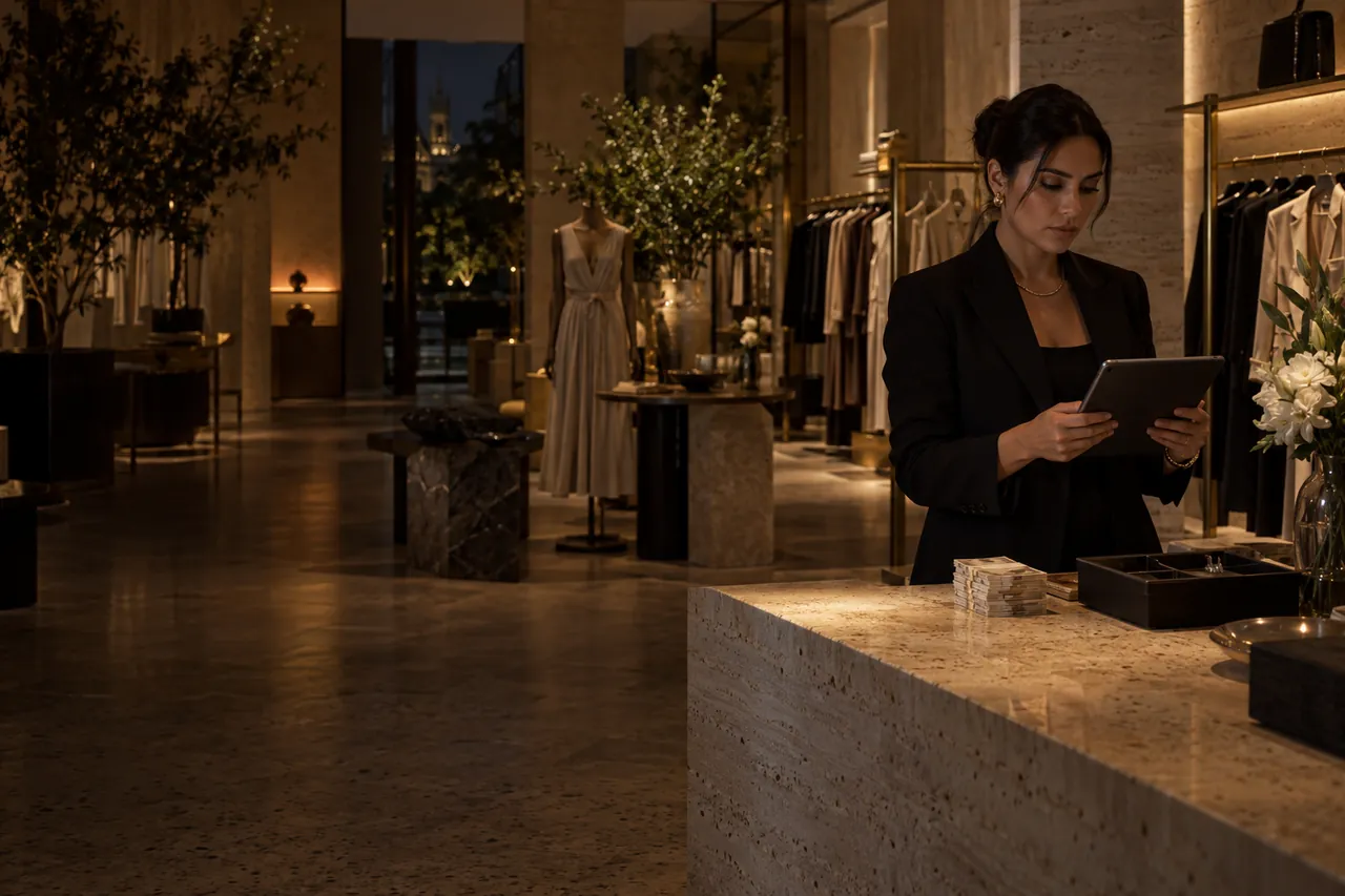 De noche, la gerente de la boutique revisa el día en la tablet junto a los billetes del corte