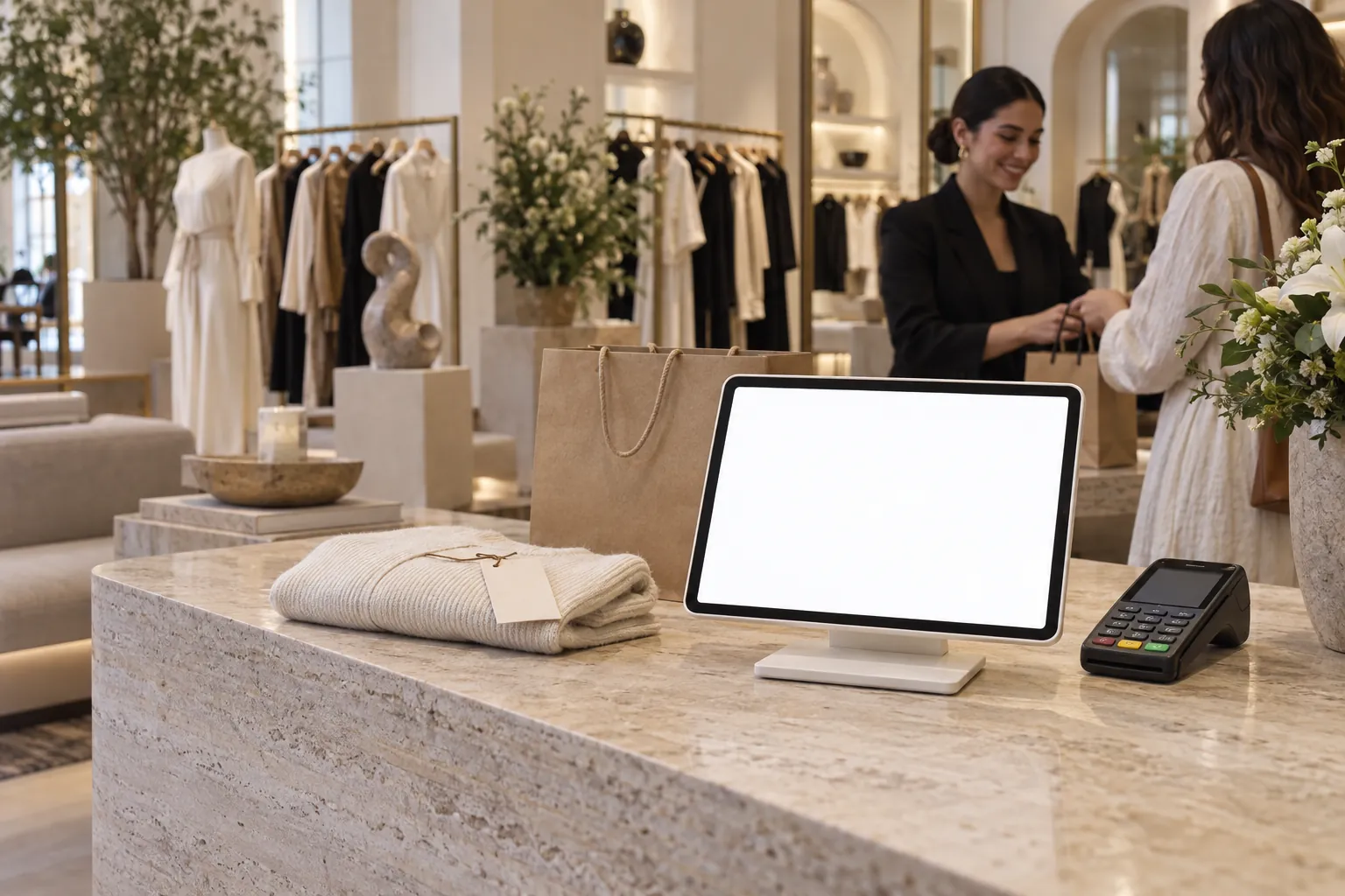El mostrador de una boutique con la tablet de Sacs en su base, una terminal de tarjetas y un suéter con su etiqueta