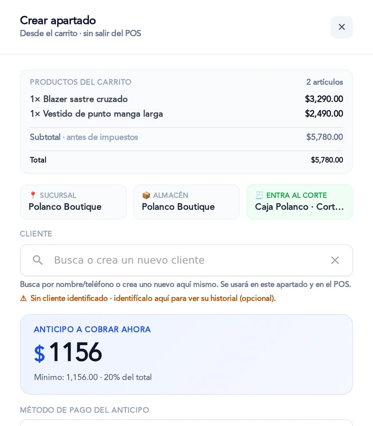 Crear apartado desde el carrito: los productos, la sucursal, el anticipo a cobrar ahora (mínimo el 20 %) y su método de pago