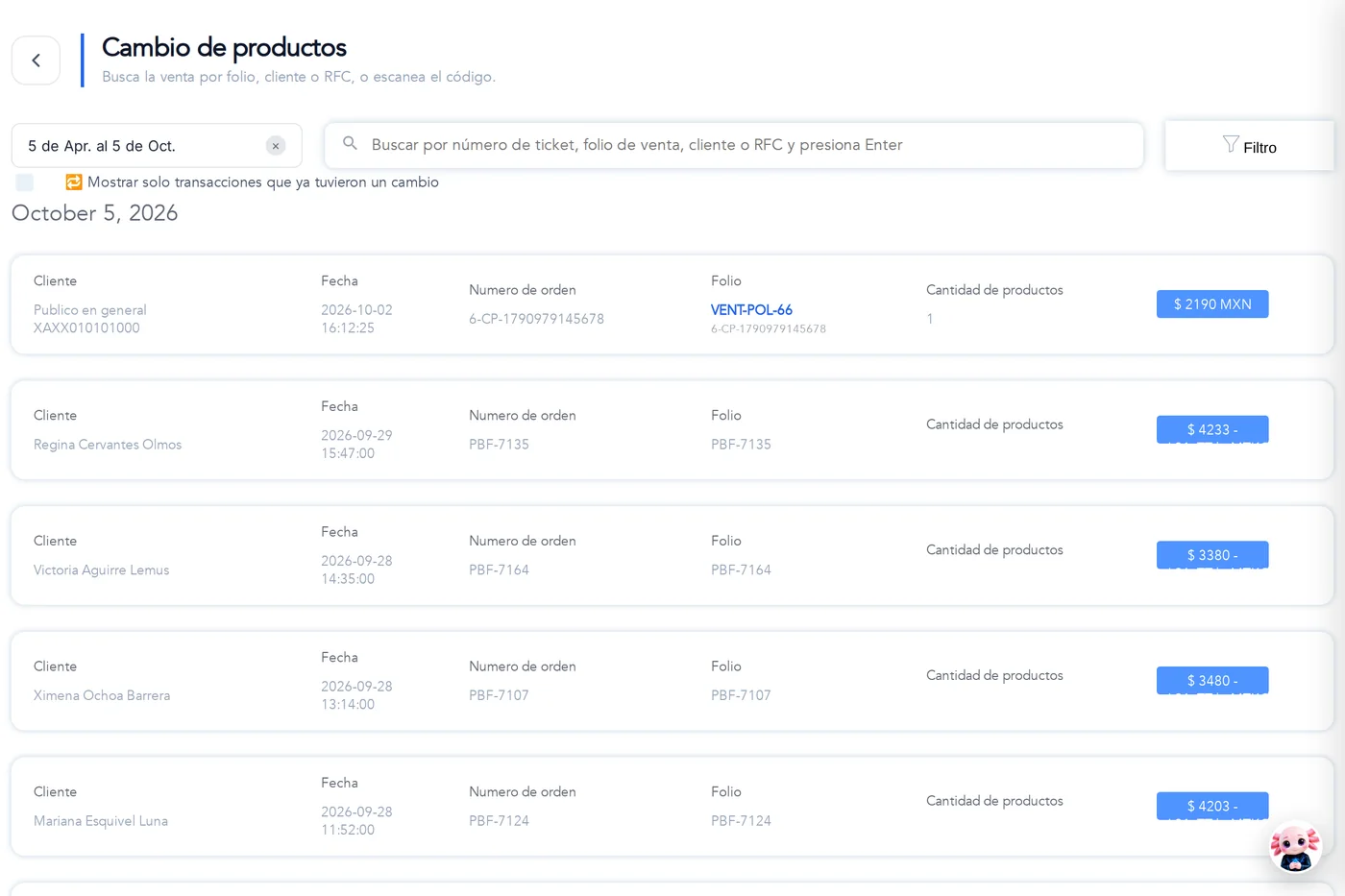 Cambio de productos: busca la venta por folio, cliente o RFC, o escanea el código