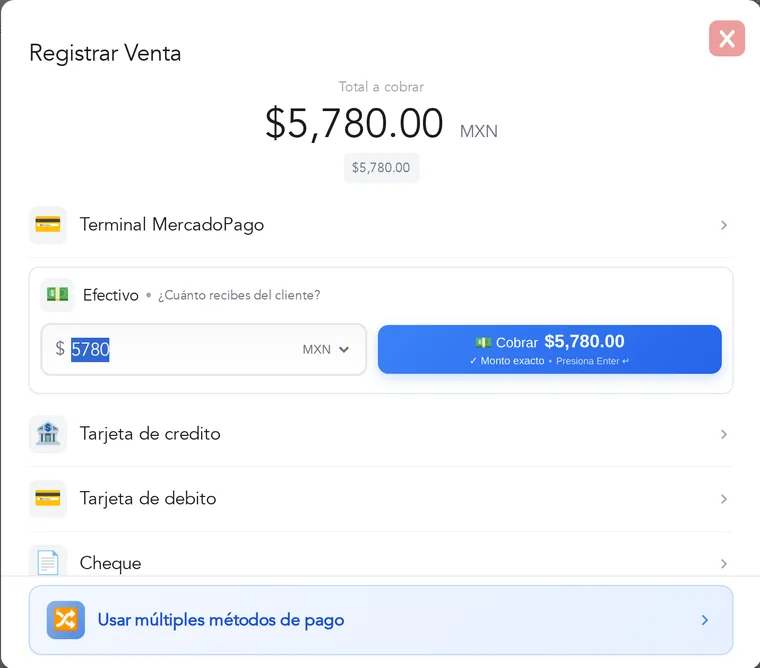 Registrar venta: el total a cobrar y las formas de pago, con la opción de usar varias