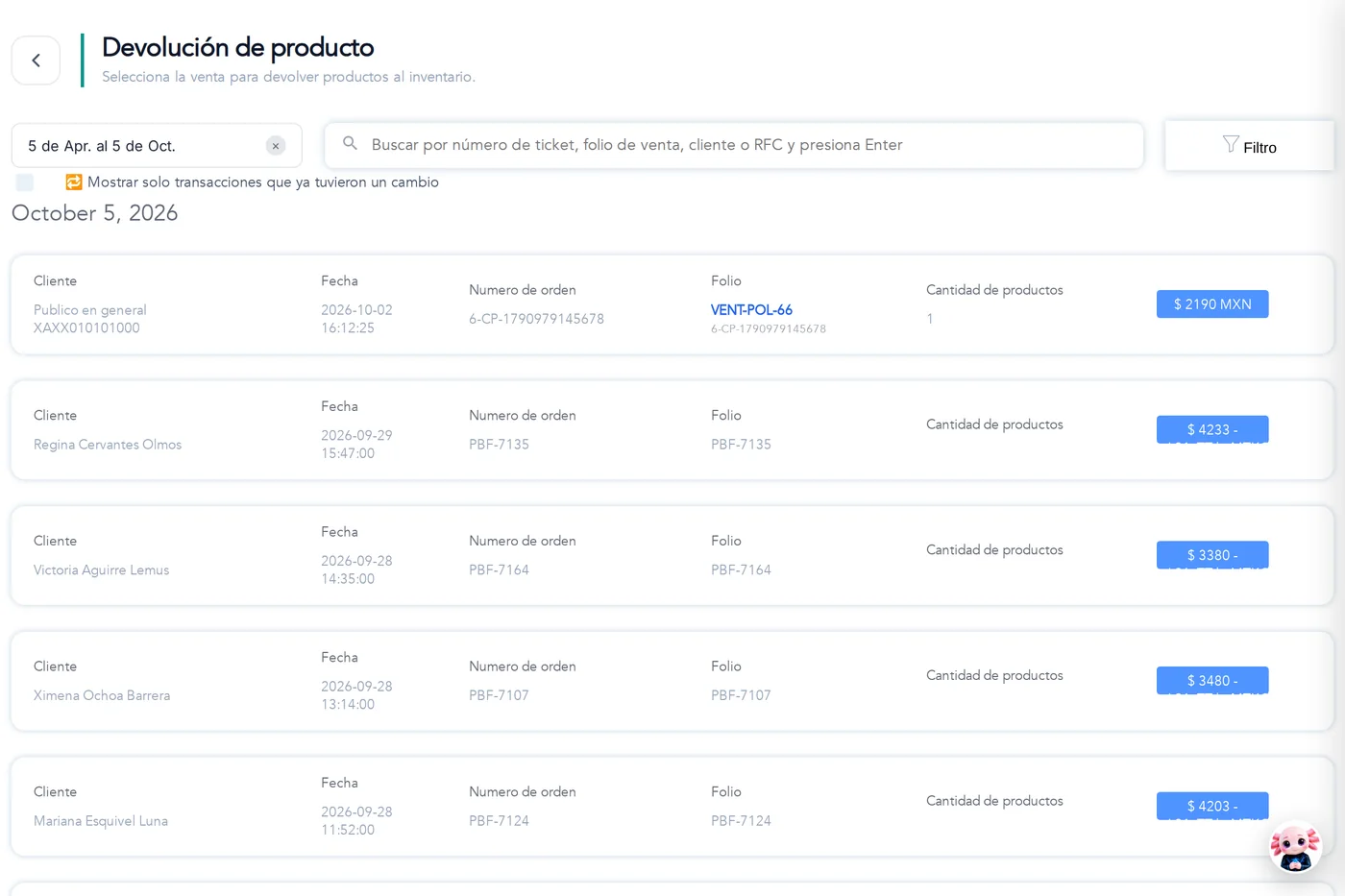 Devolución de producto: selecciona la venta y los productos que el cliente devuelve