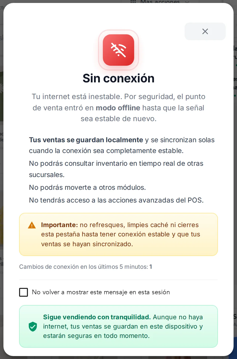 El aviso Sin conexión: el punto de venta entró en modo offline y tus ventas se guardan en este equipo
