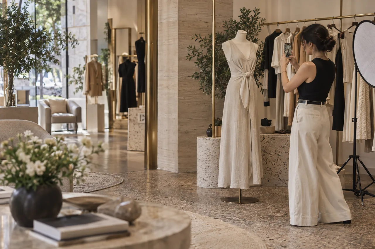 Una vendedora fotografía un vestido de lino en un maniquí con su celular, junto a la ventana de la boutique