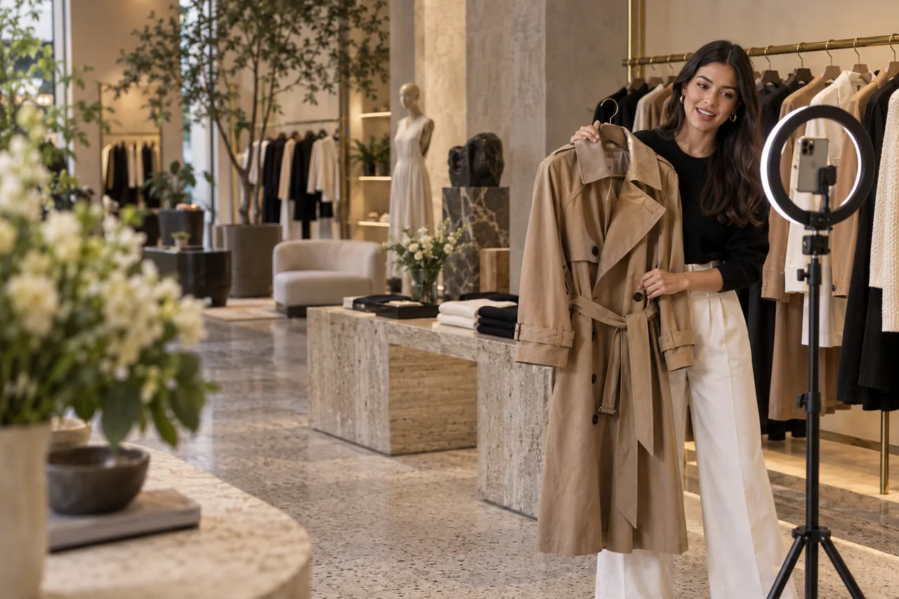 La vendedora presenta una gabardina camel frente a su celular en un tripié con aro de luz, en la boutique