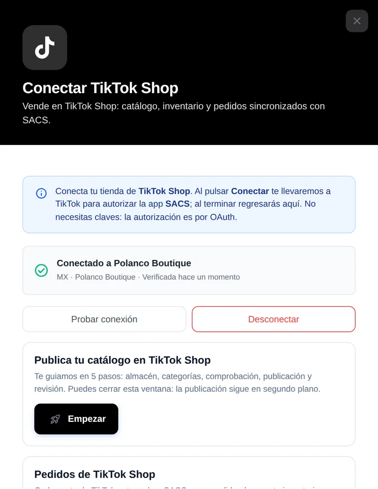 Conectar TikTok Shop: conectado a Polanco Boutique; publica tu catálogo en 5 pasos: almacén, categorías, comprobación, publicación y revisión