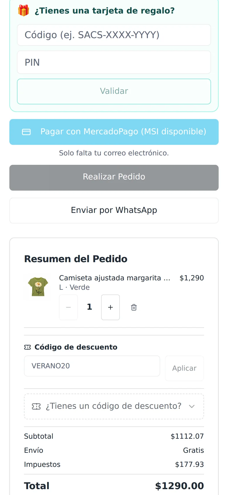 El pago en el celular: la tarjeta de regalo, «Pagar con MercadoPago (MSI disponible)», el resumen del pedido y el código de descuento