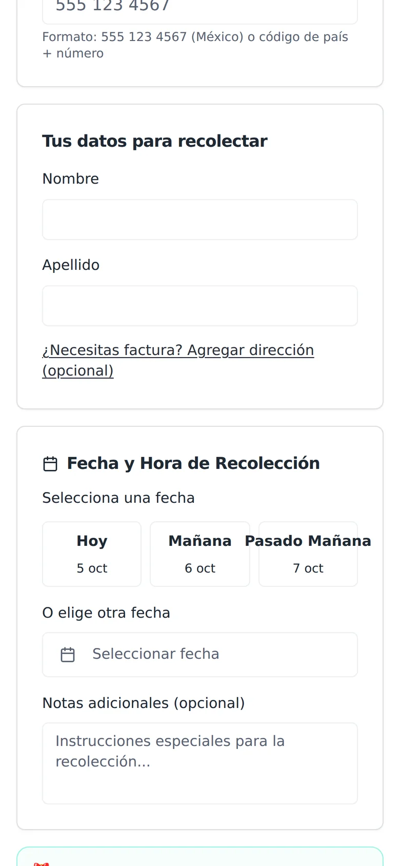 Recolectar en tienda: sus datos y la fecha y hora de recolección (hoy, mañana o pasado mañana)