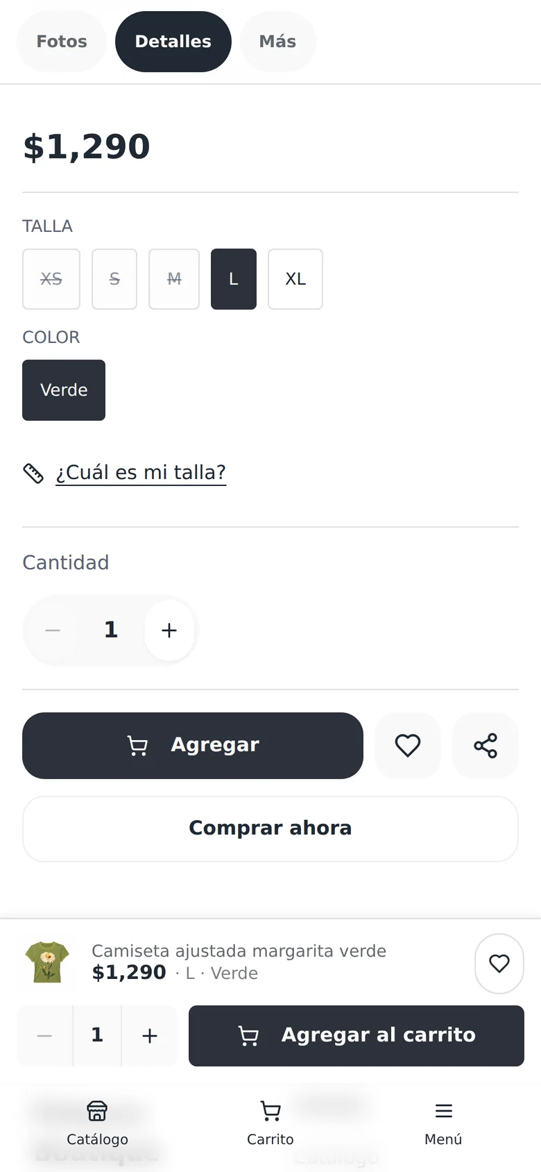 La ficha de la camiseta en el celular: las tallas XS, S y M tachadas por agotadas, la L elegida, el color verde, «¿Cuál es mi talla?» y «Agregar»