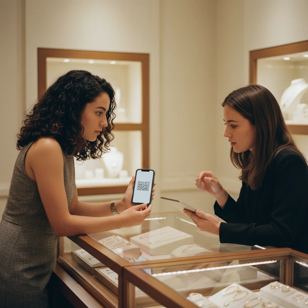 Clienta mostrando código de promoción en celular en tienda