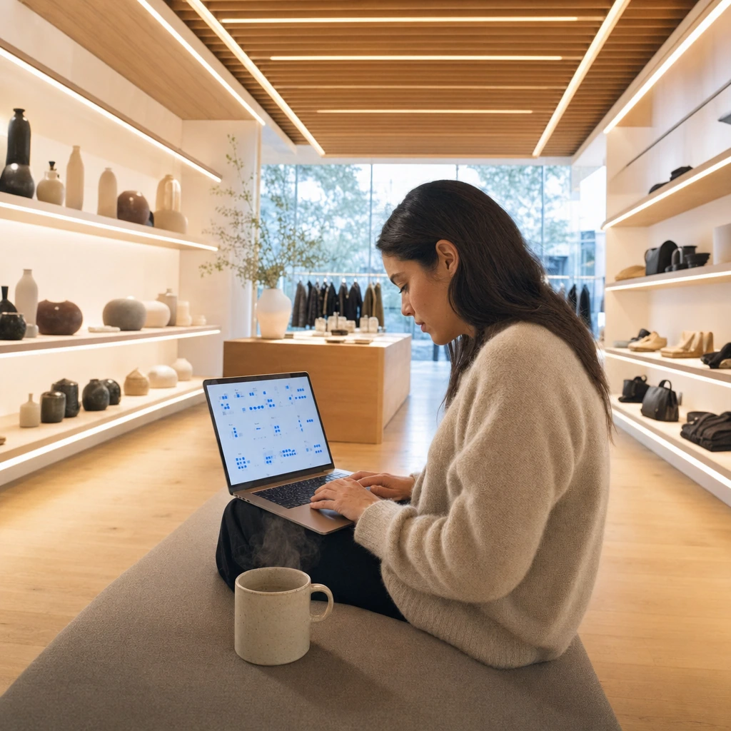 Dueña configurando horarios de promoción en laptop dentro de boutique moderna con techo de listones de madera y luces LED lineales