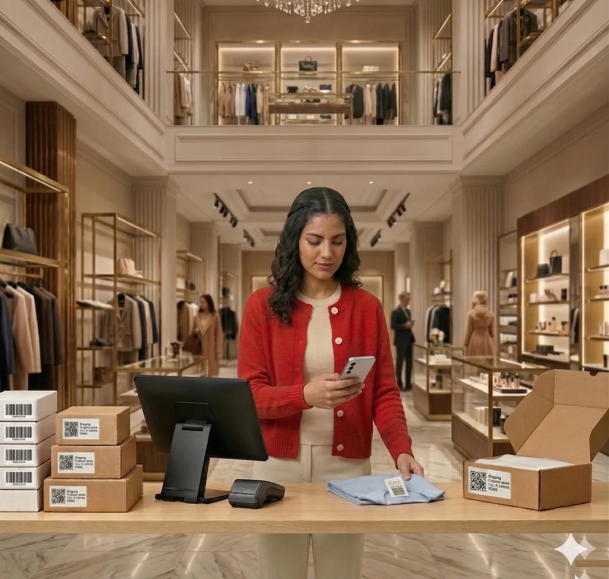Empleada recibiendo mercancía y escaneando cajas en tienda