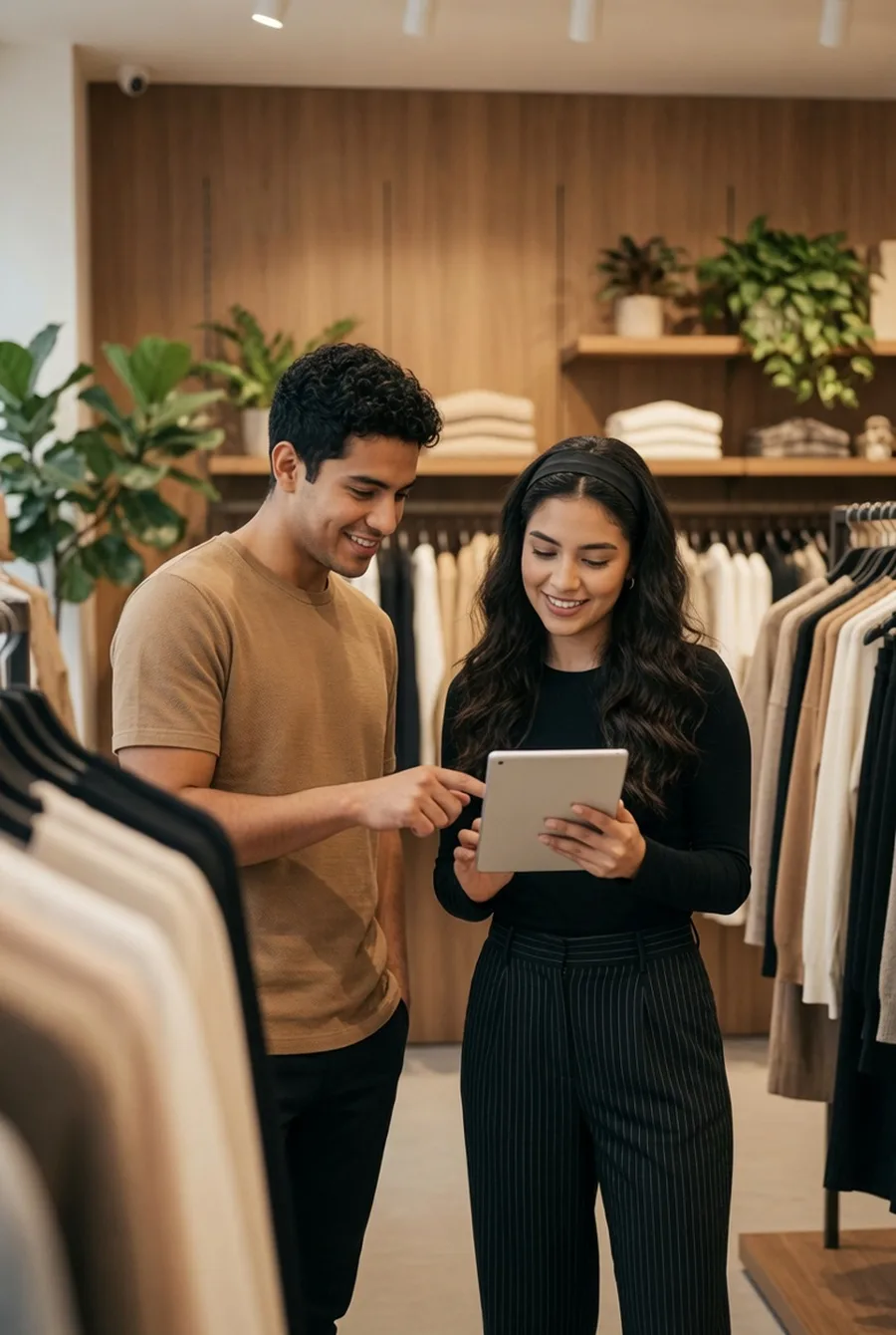 Vendedora mostrando recomendaciones de productos en tablet a cliente