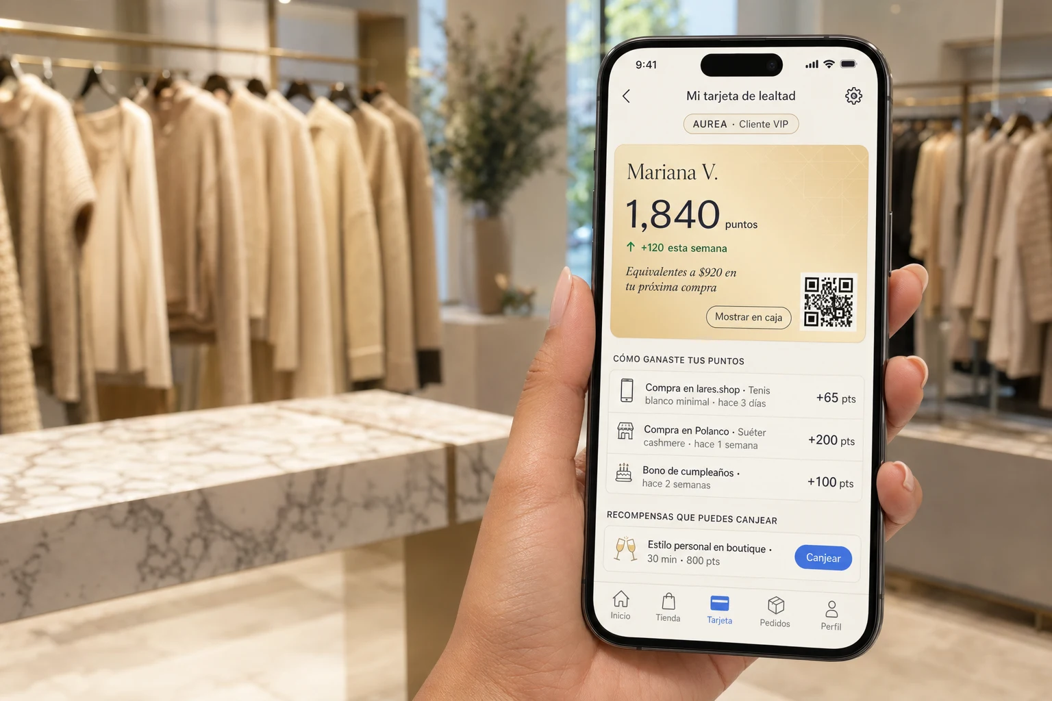 iPhone con la tarjeta de lealtad de Aurea — 1,840 puntos, QR de canje y recompensas