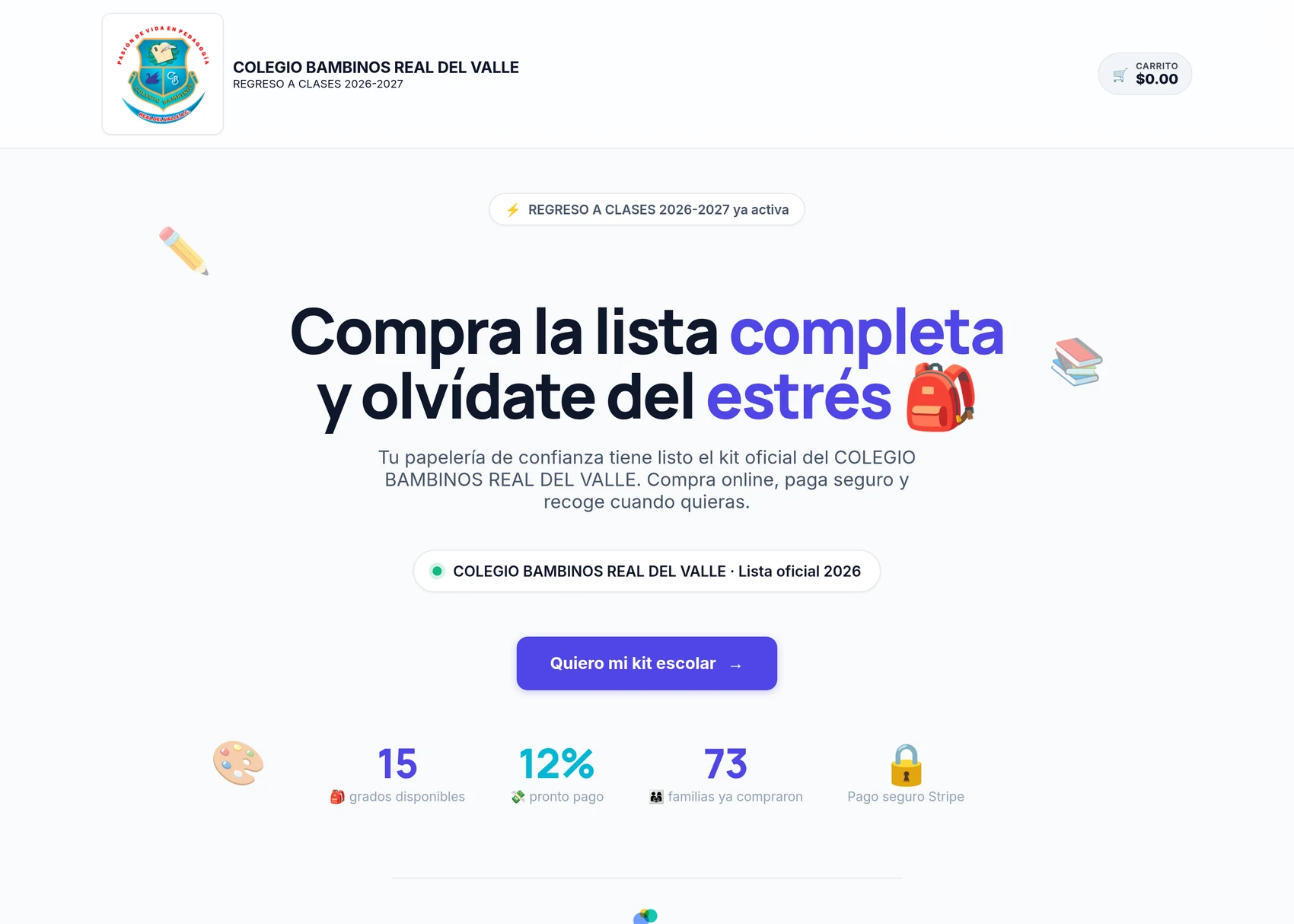 Página pública de una lista escolar con el escudo del colegio y el botón de comprar el kit
