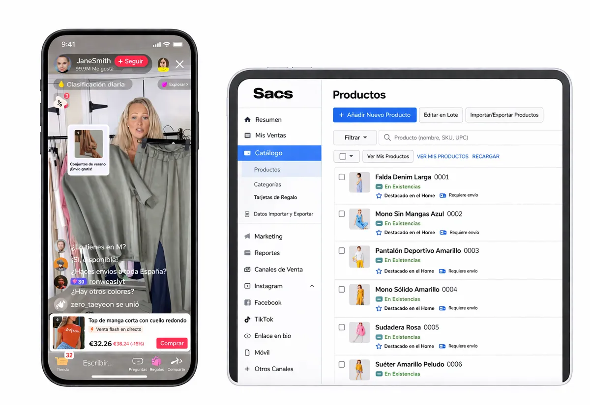 SACS — Catálogo de productos sincronizado en móvil y tablet con canales de venta sociales