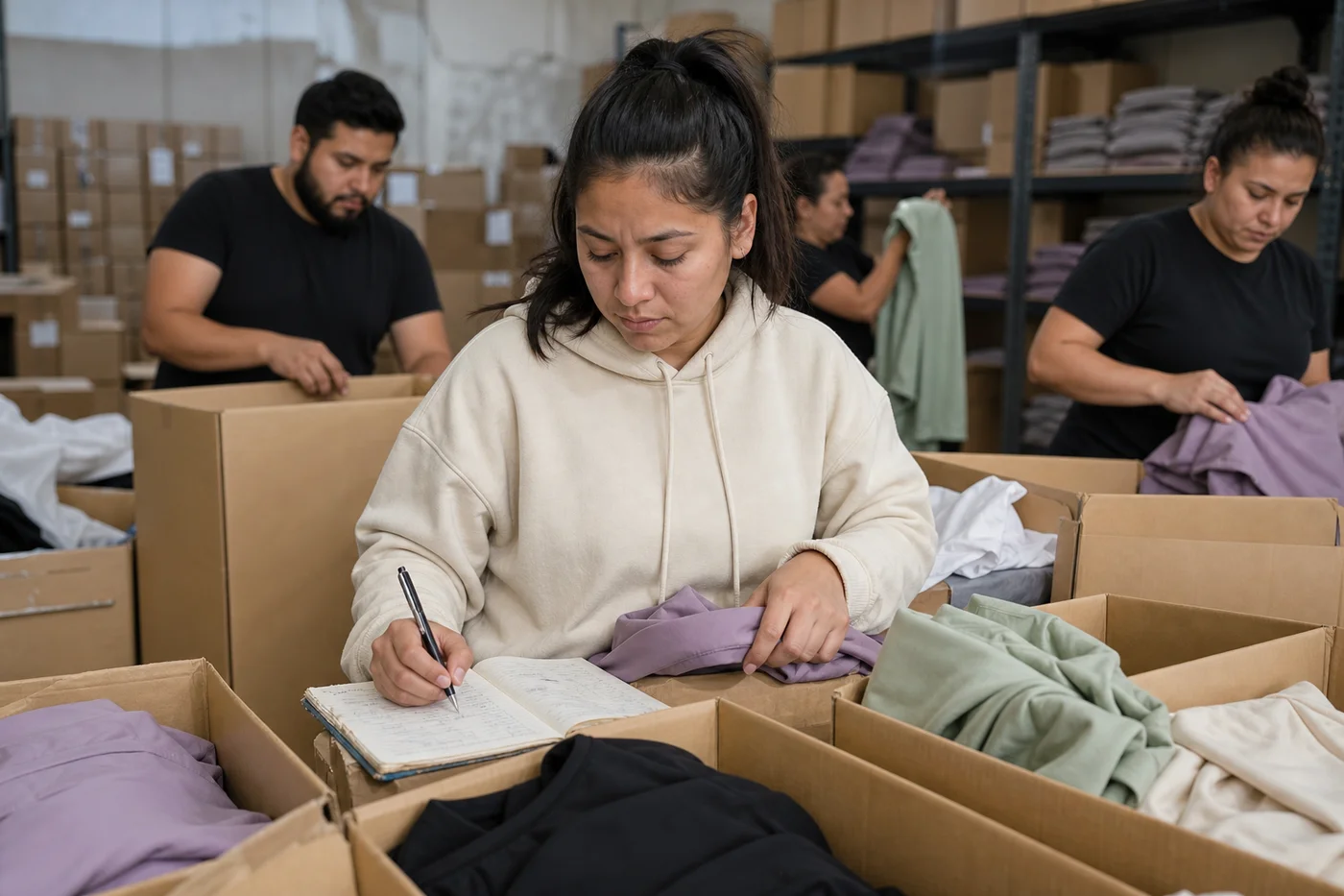 Dueña de una marca de activewear entre cajas del drop, contando piezas con una libreta