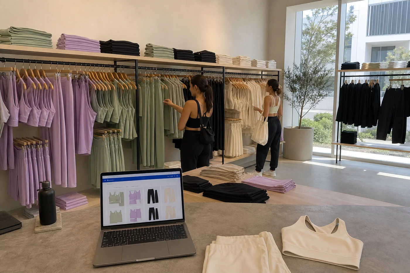 Showroom amplio de una marca de activewear con racks por colorway y luz natural