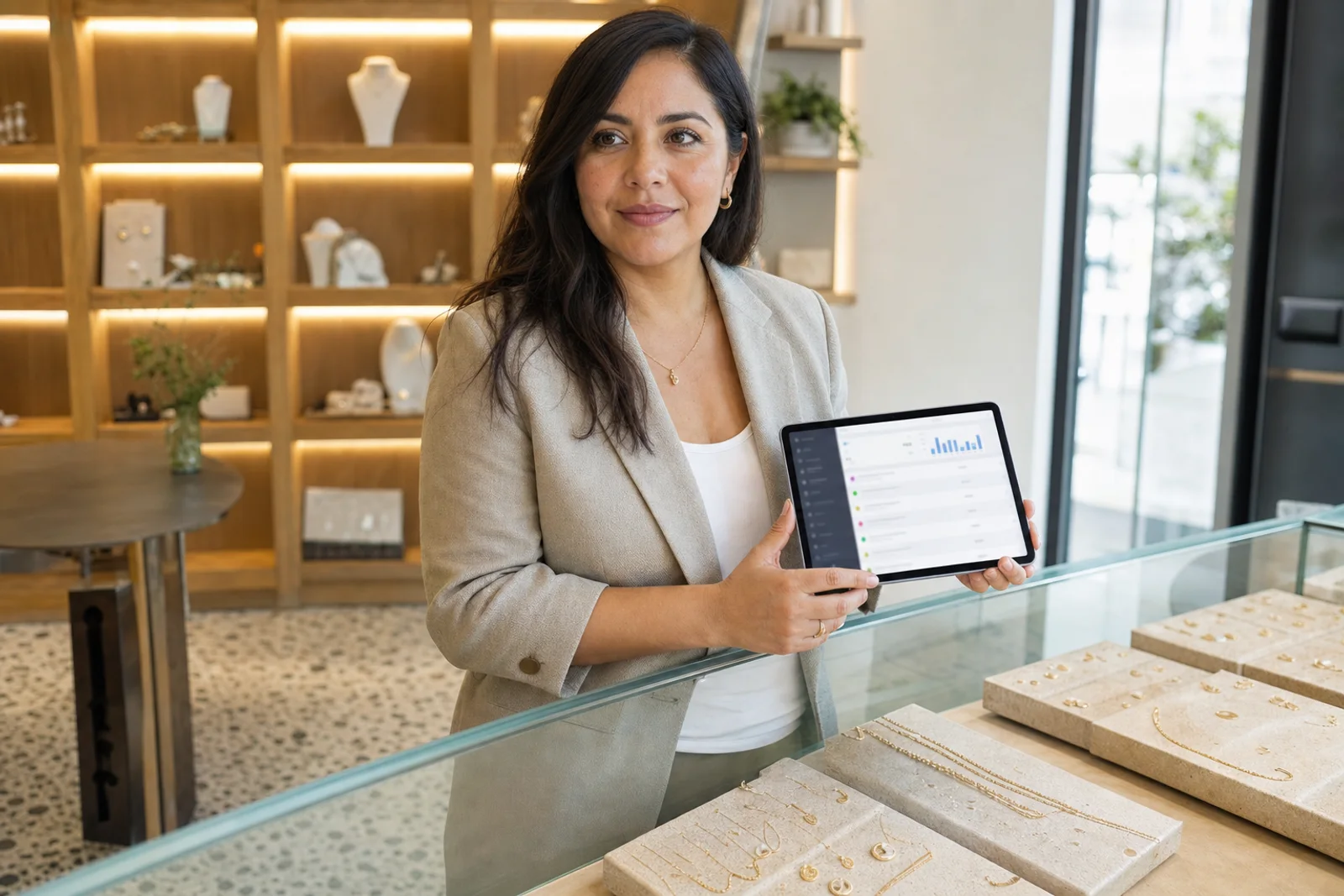 Vendedora en el mostrador, con el precio del gramo y la existencia en la tablet