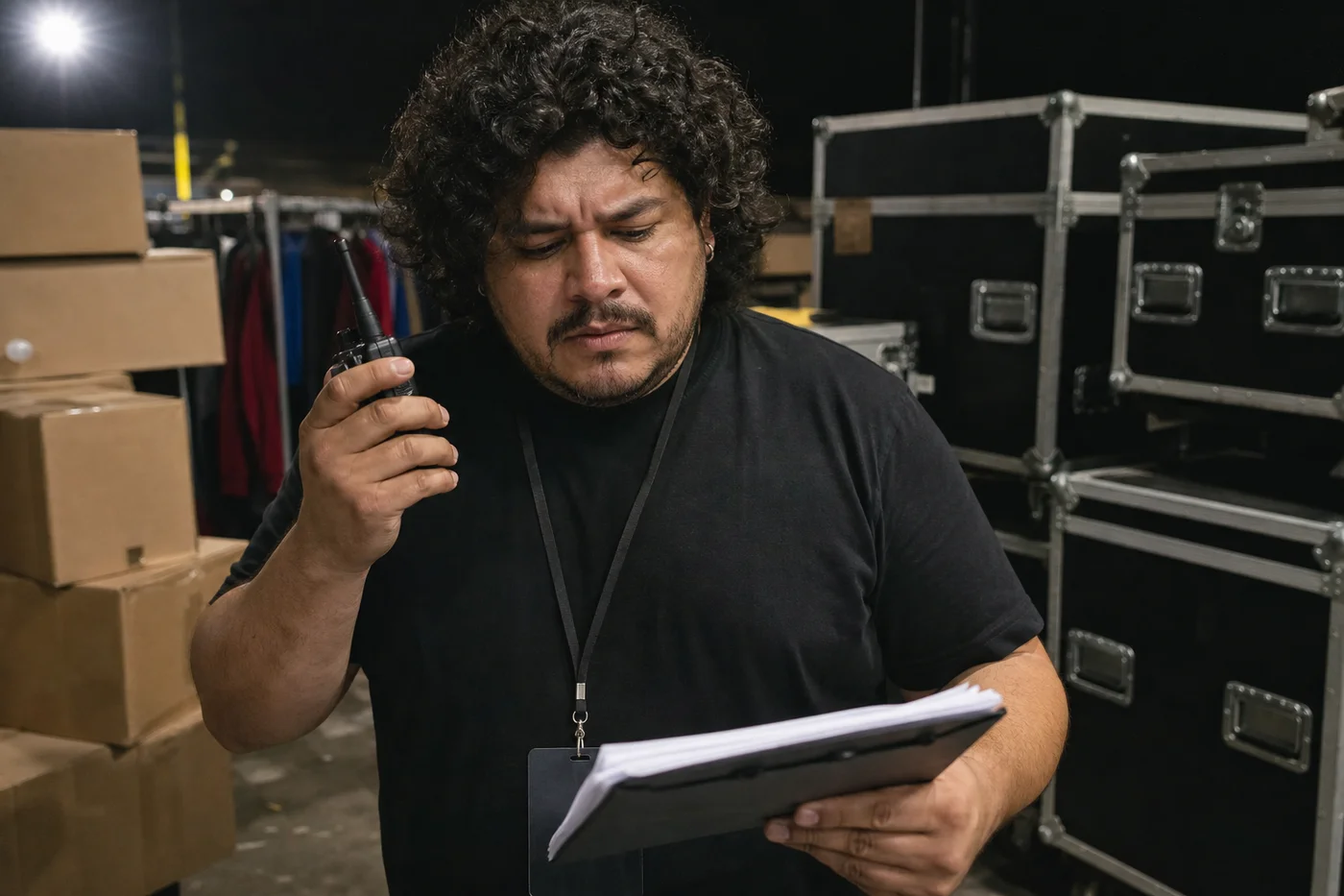 Jefe de merch con radio y libreta entre cajas apiladas en la trastienda de un venue