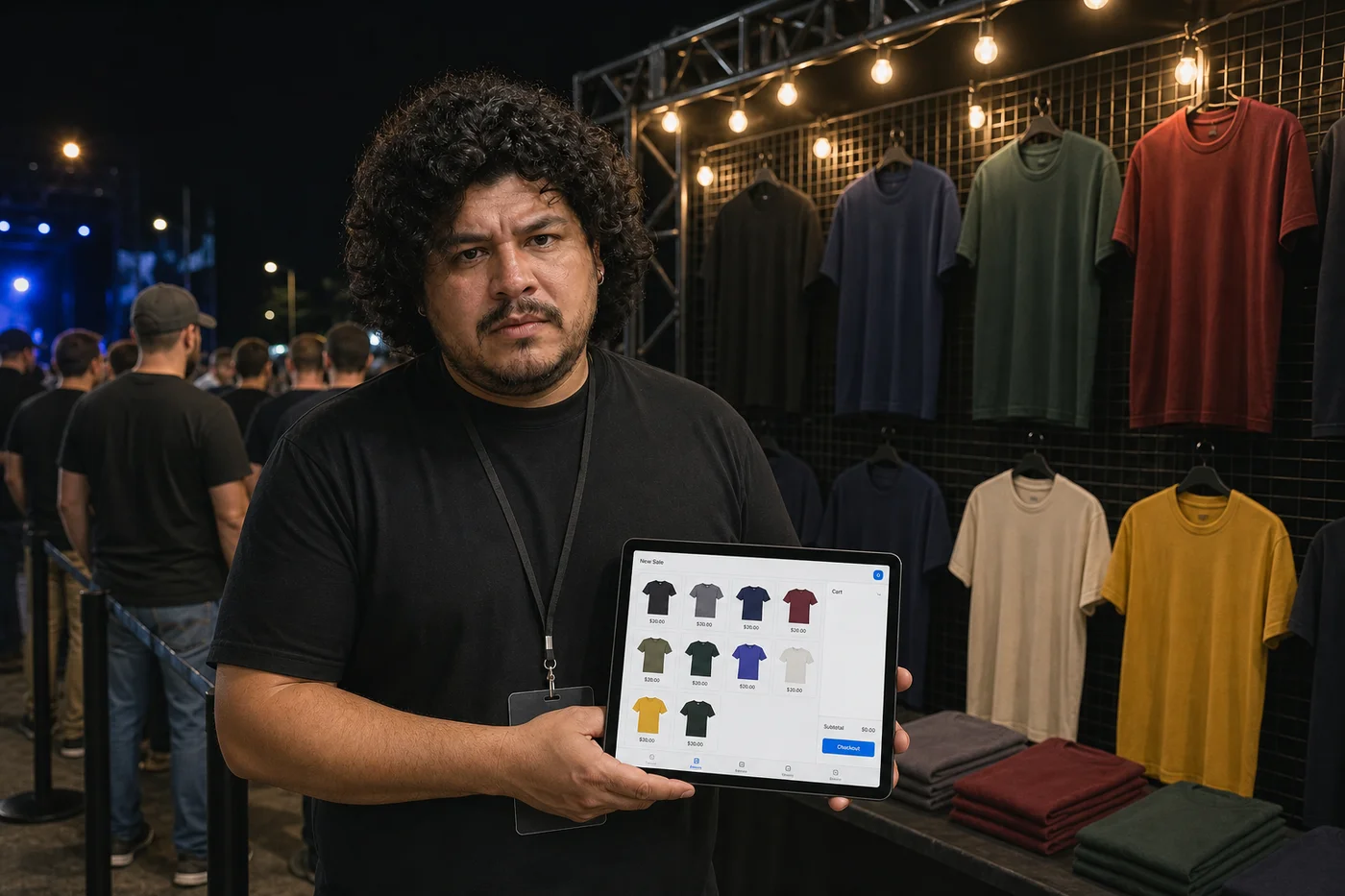 El mismo jefe de merch tranquilo junto al módulo, viendo la venta por punto en su tablet