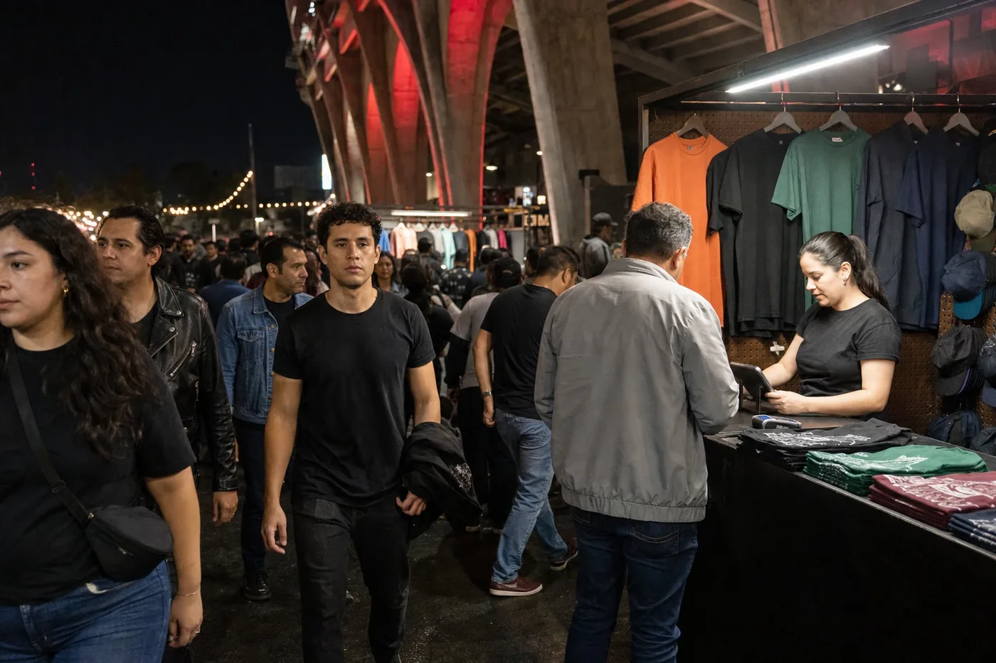 Venue lleno de noche con los módulos de mercancía iluminados en el perímetro