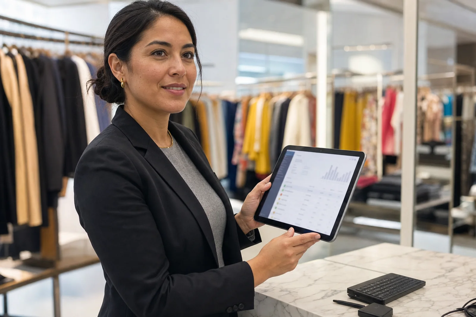 La misma gerente, tranquila en el mostrador, consultando la existencia en su tablet