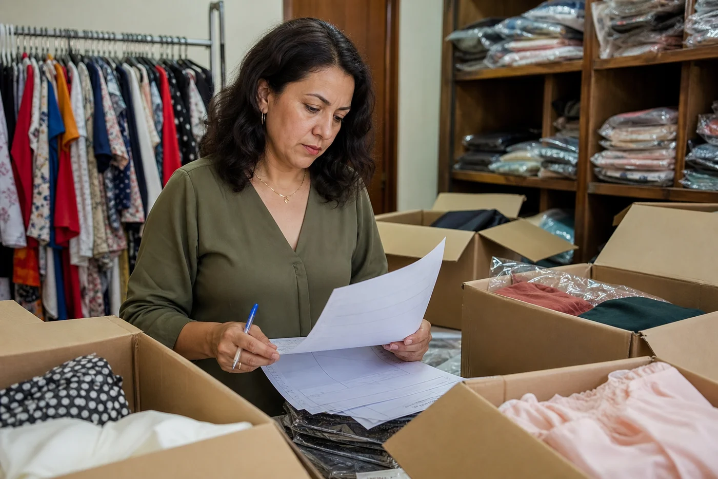 Dueña de una boutique multimarca entre cajas recién llegadas, revisando notas de proveedor en papel