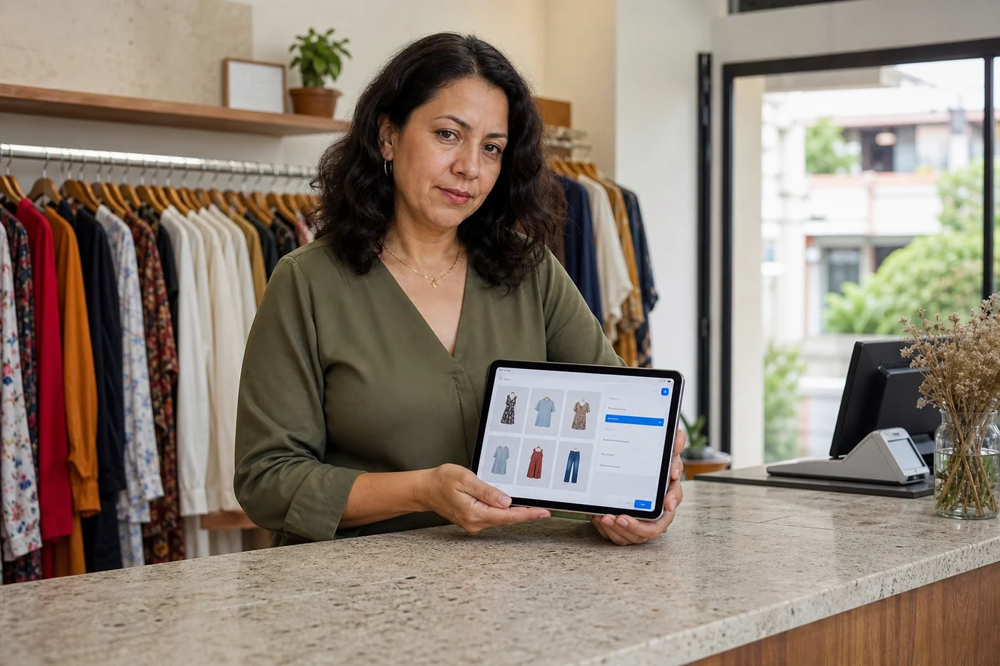 La misma dueña en el mostrador, revisando en su tablet qué marca se vendió en la semana